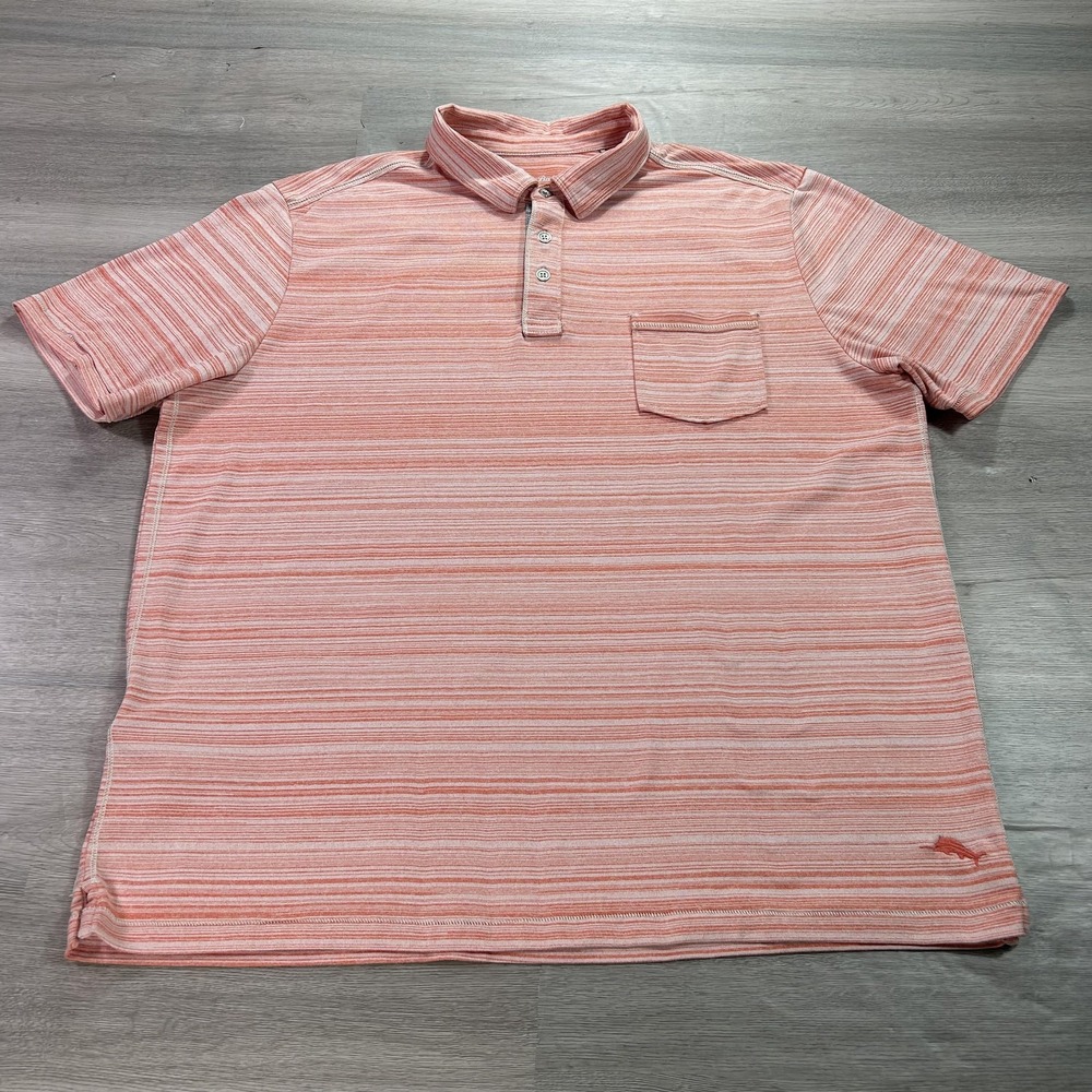 Tommy Bahama Polo Shirt Mens XL Coral Striped IslandZone Performance Casual
